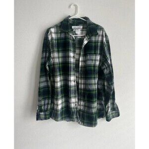 Amazon Essential Shirt Men Large Green White Plaid Long Sleeve Flannel Button Up